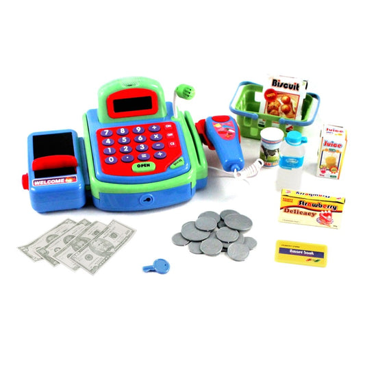 Pretend cash register set with play money and grocery items from KidPlay Toys