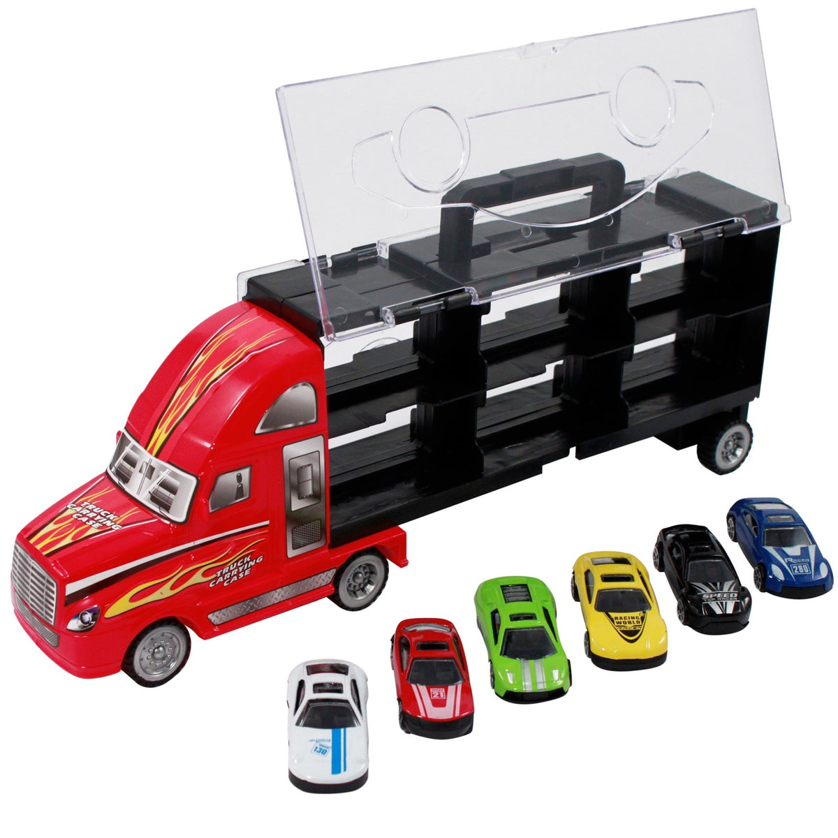 Kidplokio 7pc Red Semi Truck Toy Car Carrier Diecast Playset for Boys 3 and Up, view 5