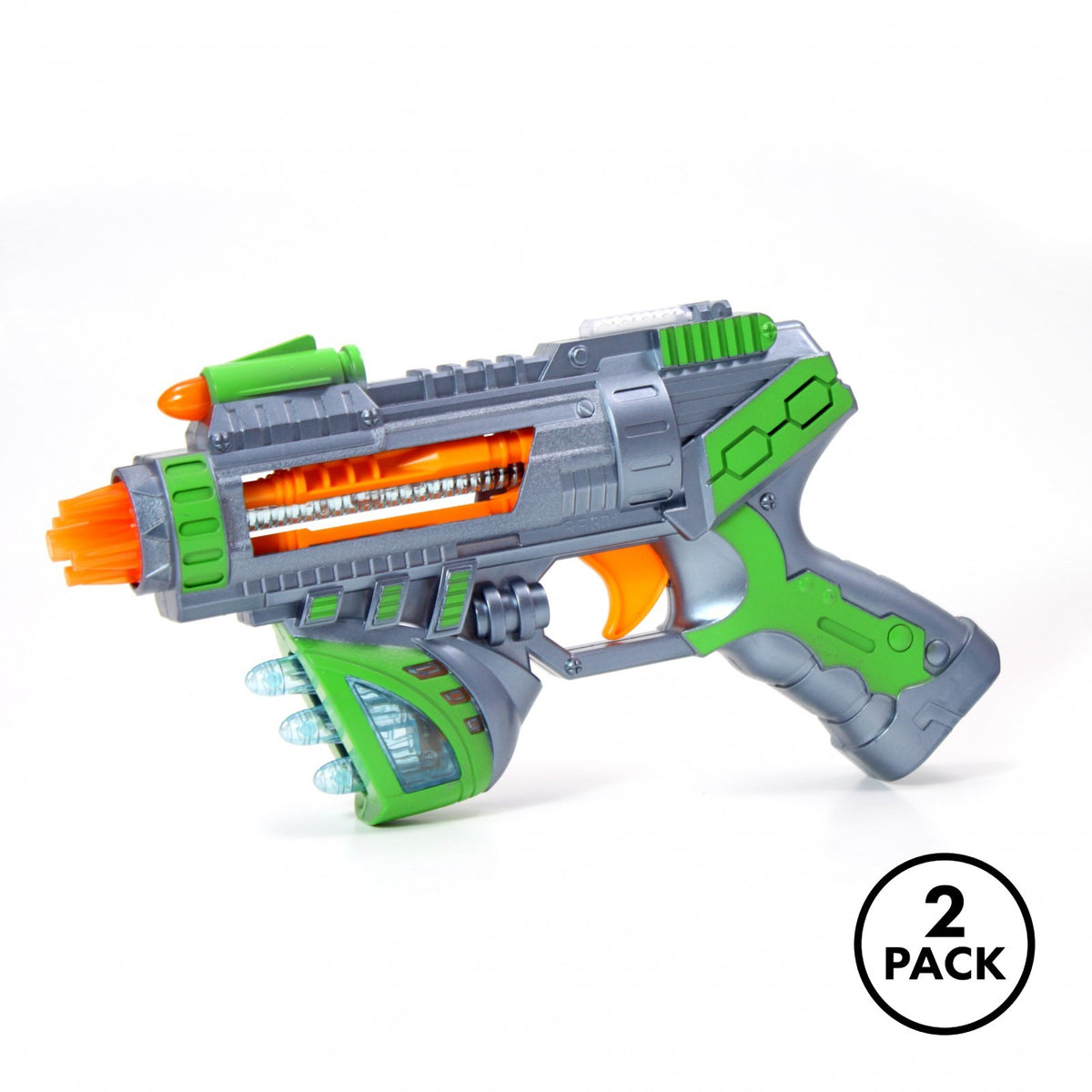 Two green Kidplokio Sonic Space Blaster toy guns with light and sound features.
