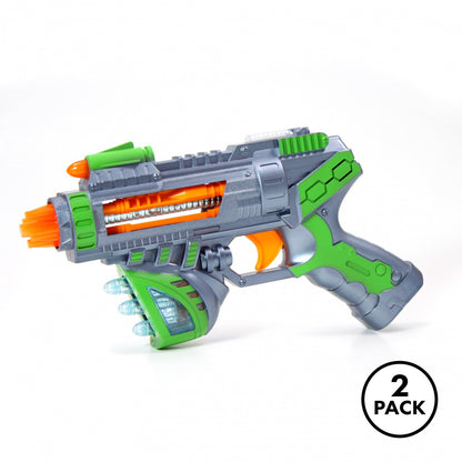 Two green Kidplokio Sonic Space Blaster toy guns with light and sound features.