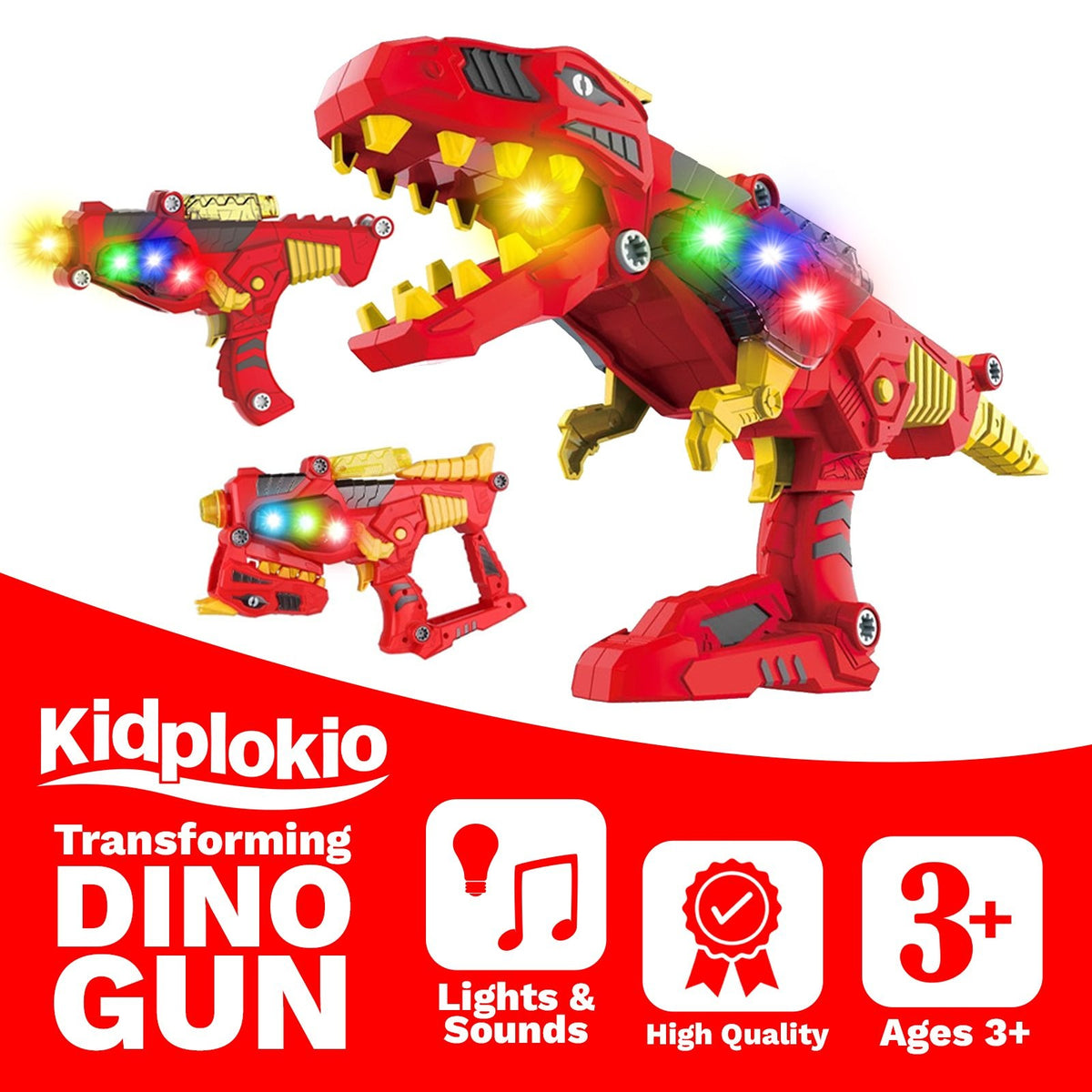 Kidplokio 3 in 1 Transforming Dinosaur Toy Space Blaster Lights and Sounds, Red, view 2