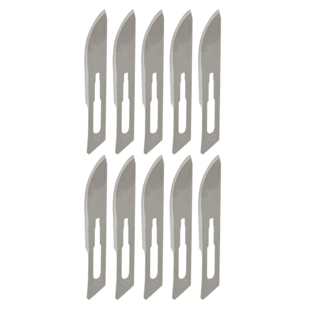 Ten silver sterile size 10 surgical replacement scalpel blades arranged side by side, universal fit
