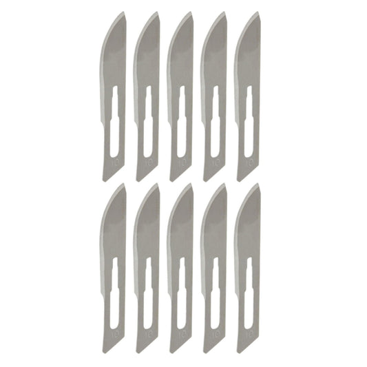 Ten silver sterile size 10 surgical replacement scalpel blades arranged side by side, universal fit