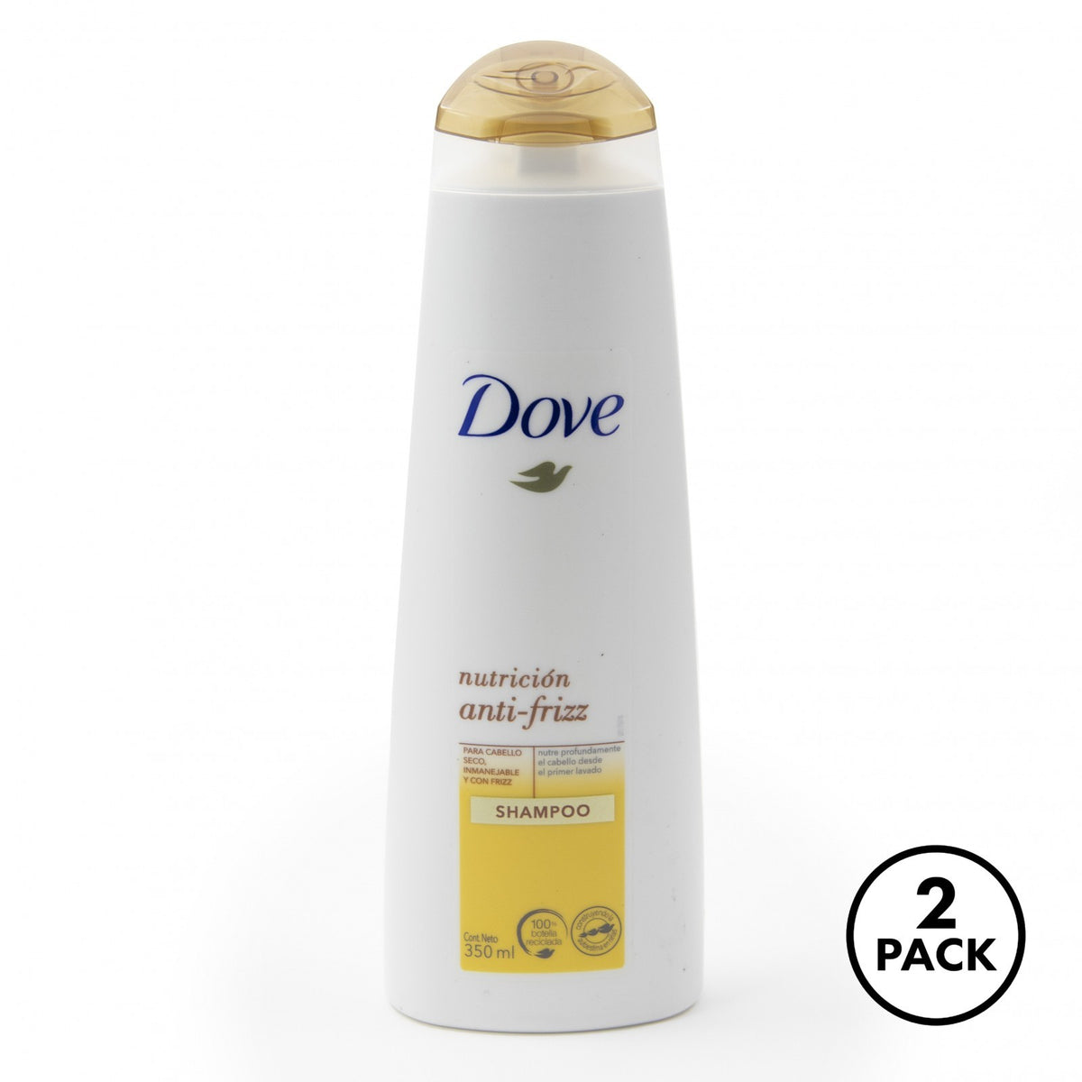 two bottles of Dove Hair Care Shampoo labeled Anti Frizz with coconut oil, argan oil, and almond oil