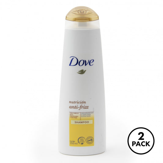 two bottles of Dove Hair Care Shampoo labeled Anti Frizz with coconut oil, argan oil, and almond oil