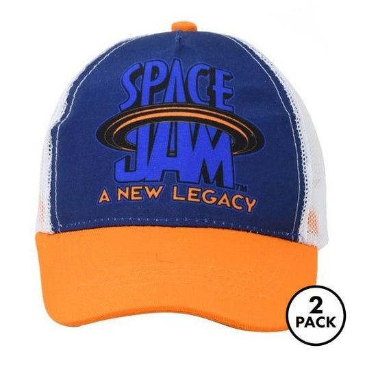 two adjustable baseball caps featuring Space Jam 2 Tune Squad designs, sized for kids and adults