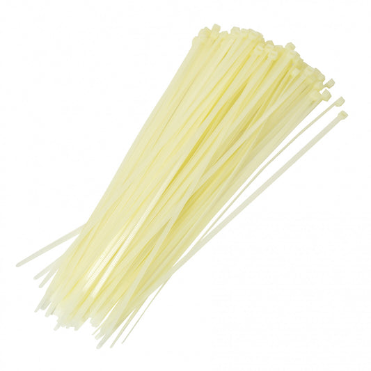 Bundle of 100 black 12-inch cable zip ties, 4mm thick, arranged in a stack.