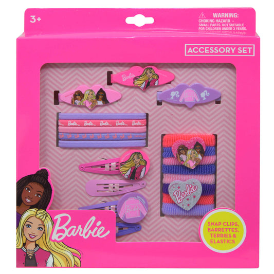 Barbie-branded girls hair accessories, 20 pieces including clips, barrettes, and scrunchies