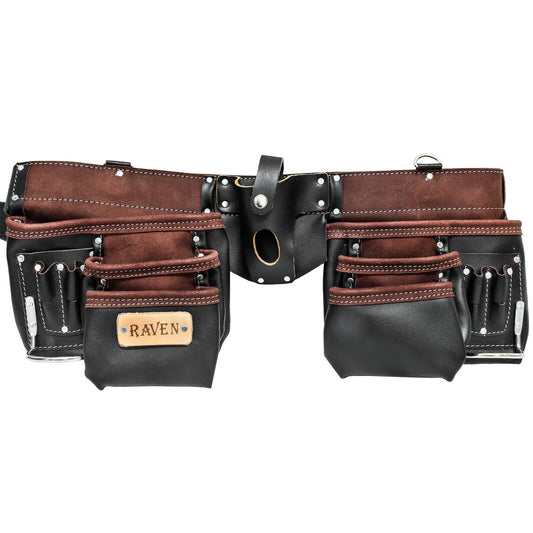 Brown oil tanned leather tool belt with 13 pockets and 2 hammer loops