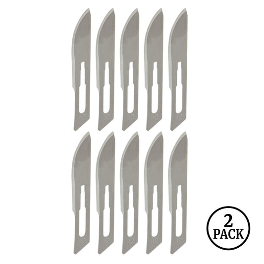 Two packs of ten sterile surgical replacement scalpel blades, size 10.