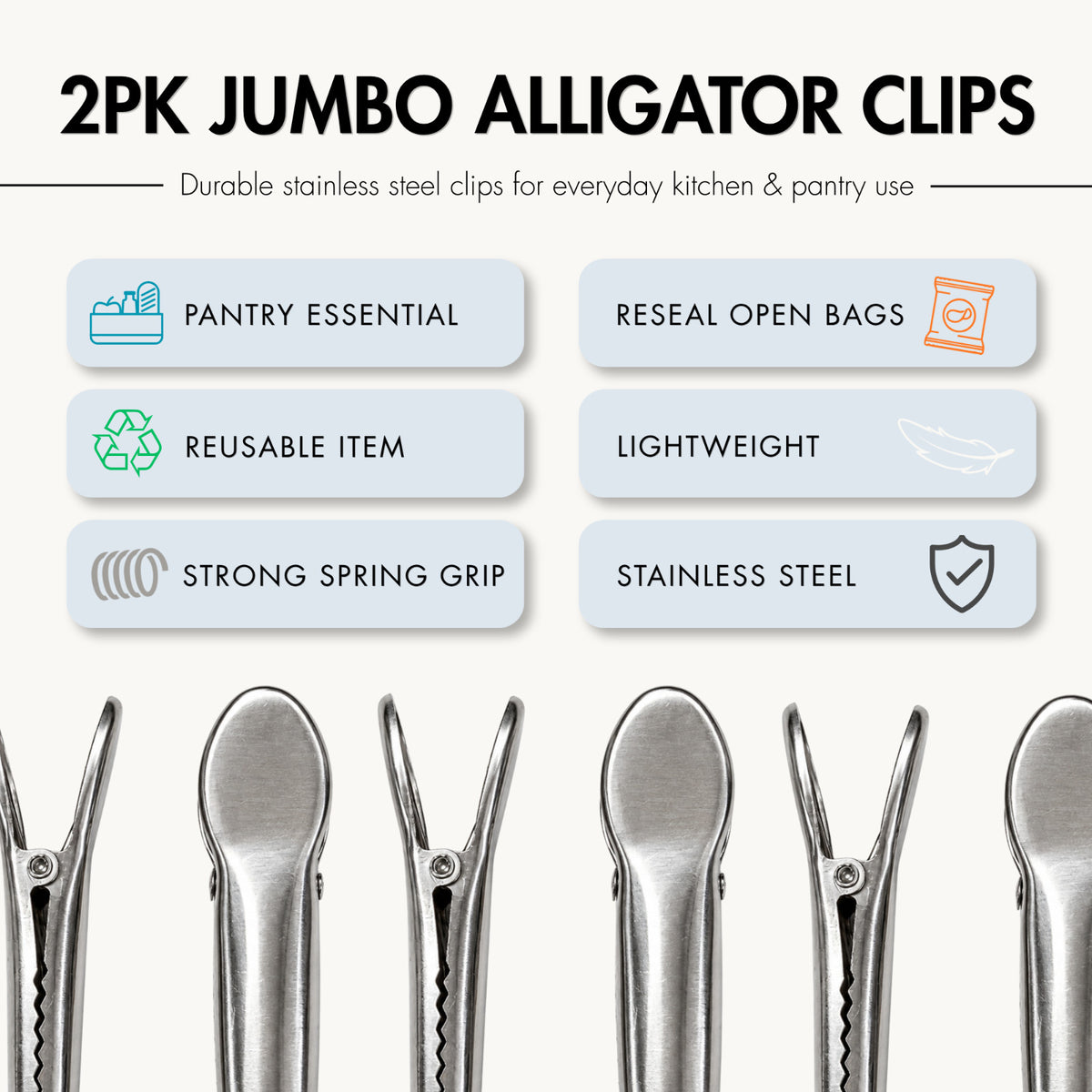 2 Pack Beille 5" Jumbo Heavy Duty Stainless Steel Alligator Clips Kitchen, 2pk