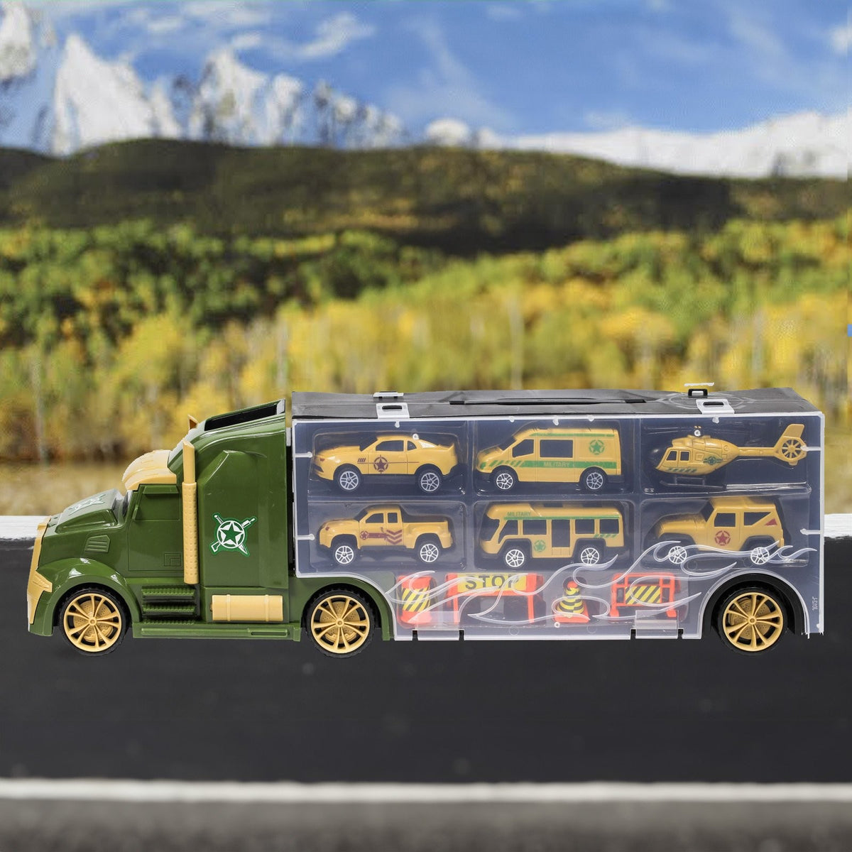 Kidplokio 11pc Army Military Semi Truck Toy Vehicle Transporter 6 Diecast Cars, view 4