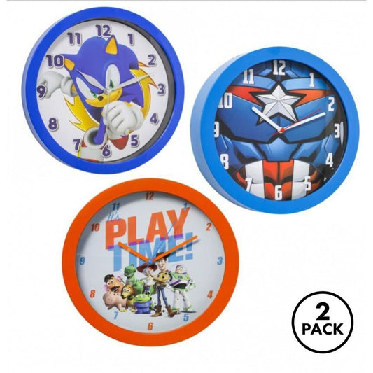 Two kids licensed character analog wall clocks for home decor, shown in a bedroom setting
