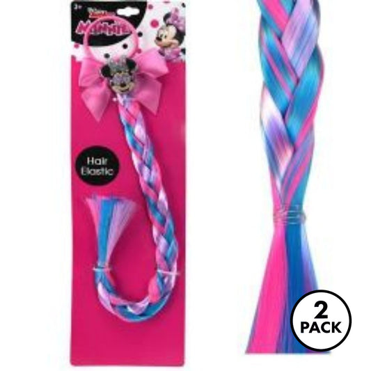 Two Minnie Mouse faux hair ponytail extensions in purple and blue with pink bows