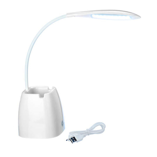 Rechargeable white table lamp with phone stand base and touch switch, upright on a flat surface