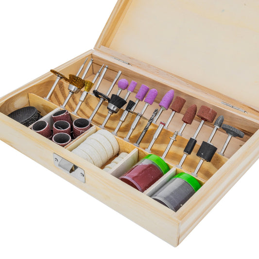 Wooden box containing 100 rotary tool accessories for polishing, sanding, and cutting
