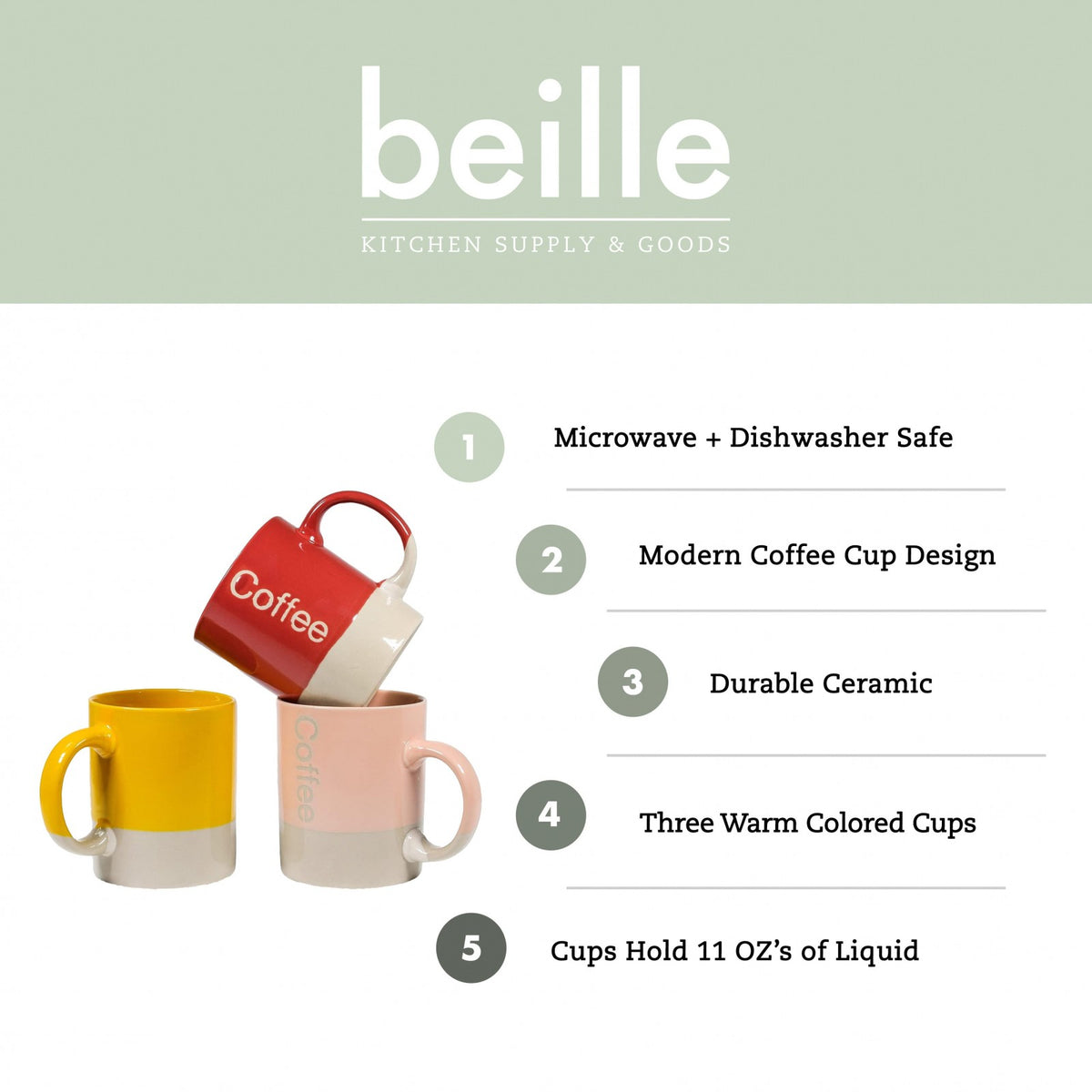 Beille Ceramic Stoneware Modern Dipped Coffee Cups 3pc Set, Assorted Colors