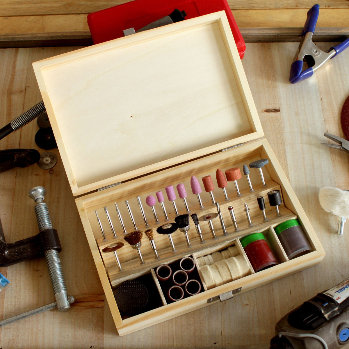 Universal Tool 100pc Polish Sand Cut Rotary Accessory Set in Wooden Box, view 4