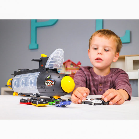 Kidplokio Boys 7pc Submarine Shark Diecast Toy Car Carrier Transporter, Age 3 up, view 2