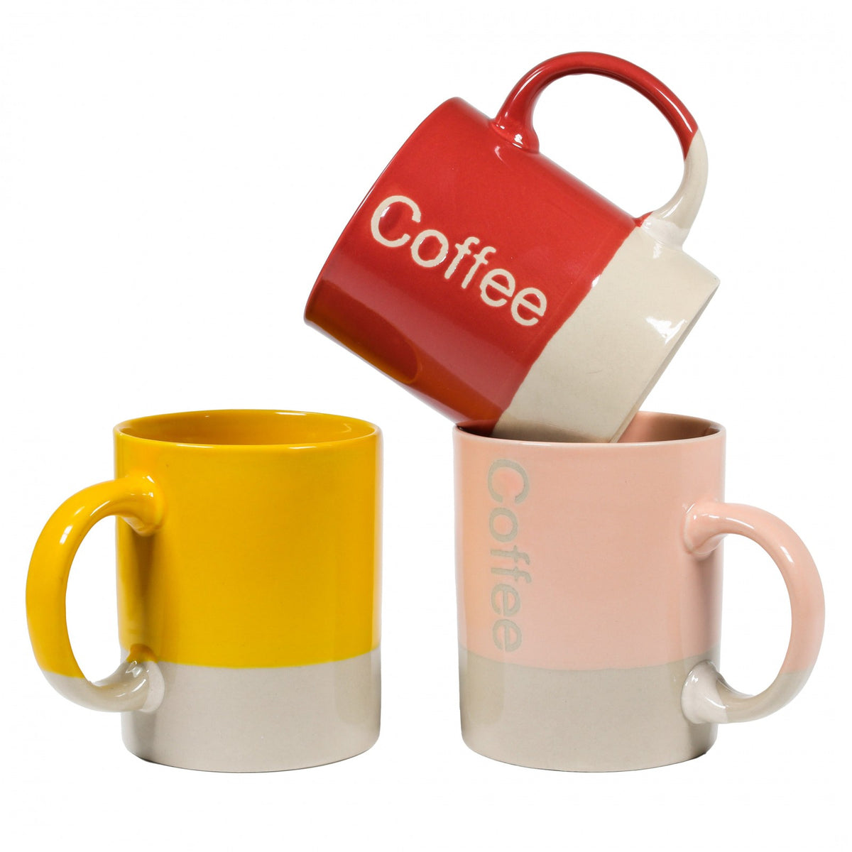 Beille Ceramic Stoneware Modern Dipped Coffee Cups 3pc Set, Assorted Colors