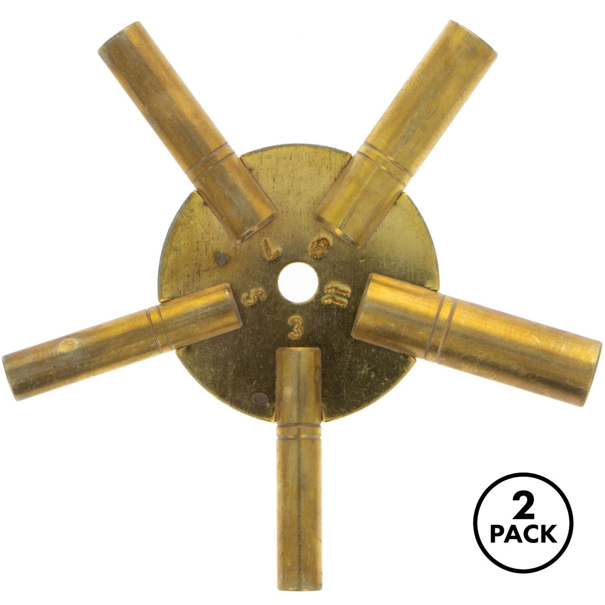 Two antique-style brass keys for grandfather clocks shown on a plain background.