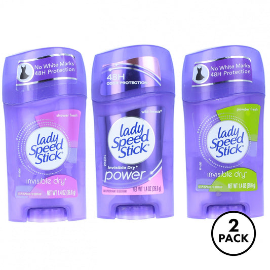 2-pack Lady Speed Stick deodorant antiperspirant sticks, purple and white packaging