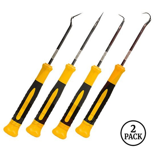 Two packs of ToolTreaux mini hook and pick sets, each containing four precision metal hand tools.
