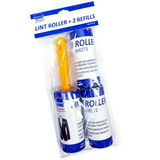 Lint roller with two refill rolls, each featuring 10 adhesive sheets.