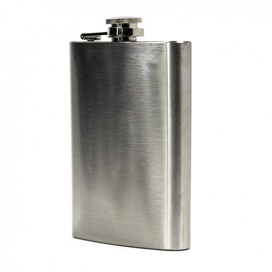 Chrome stainless steel portable hip flask with an 8oz capacity.