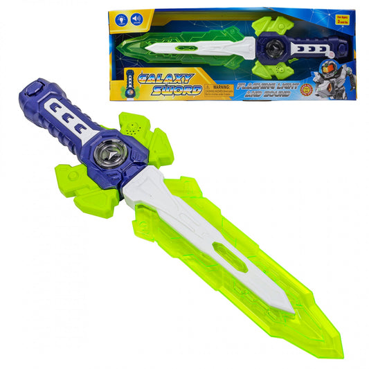 Galaxy space sword toy with lights and sounds in two color options.