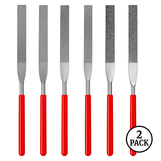 Six 7-inch diamond coated flat steel files in assorted grits arranged in a set.