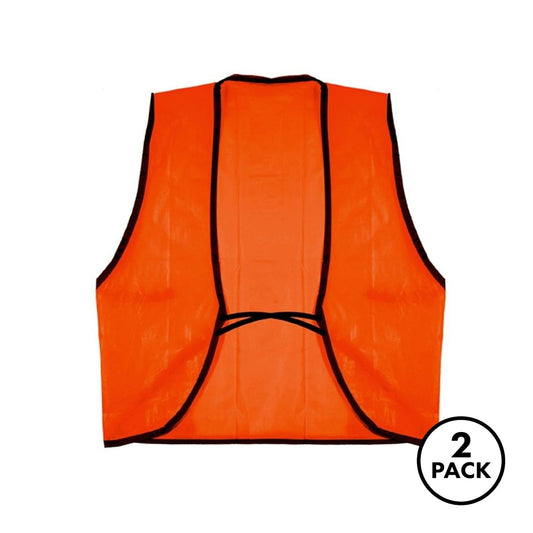 two orange high-visibility safety vests, one size fits most, displayed together
