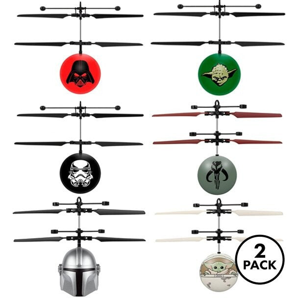 Two Star Wars UFO ball helicopters in package, with Mandalorian, Yoda, and Stormtrooper designs visible.