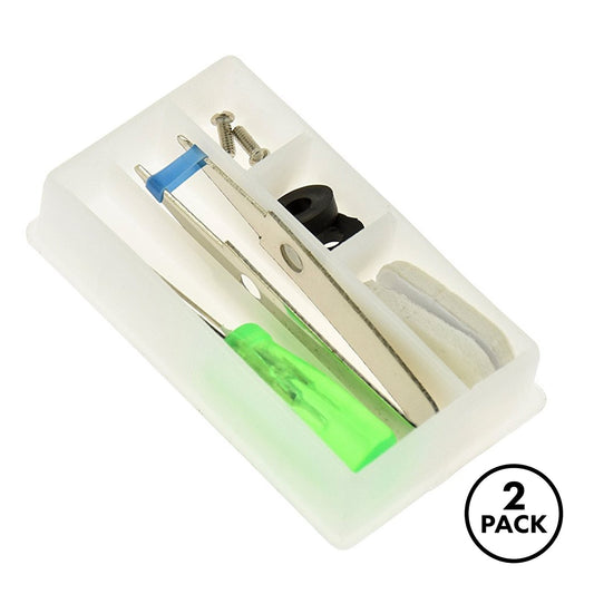 Two compact cases, each containing a 12 piece eyeglasses repair kit, shown closed and open.