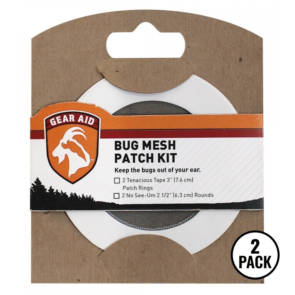 Two packs of Gear Aid Bug Mesh Patch Repair Kits for tents shown in retail packaging.