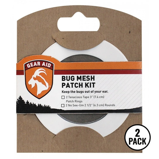 Two packs of Gear Aid Bug Mesh Patch Repair Kits for tents shown in retail packaging.