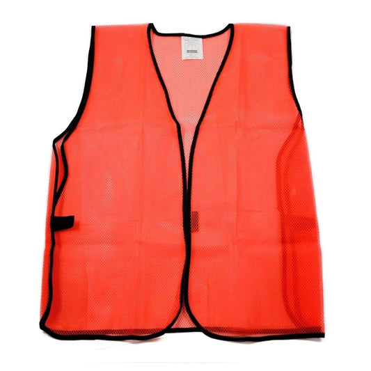 Bright orange mesh safety vest unisex one size with reflective stripes laid flat