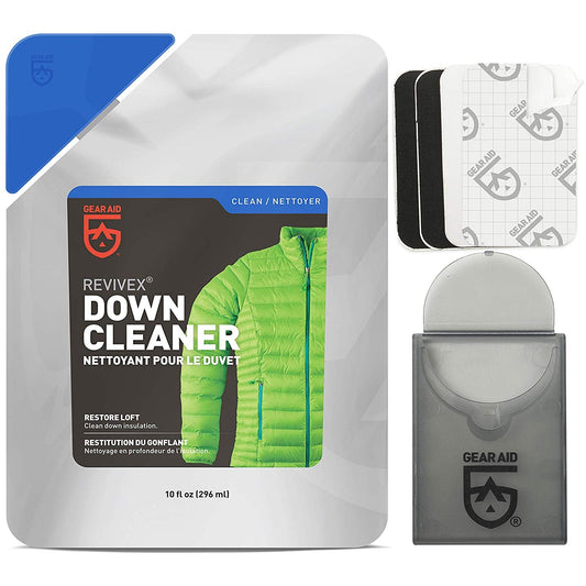 GEAR AID Revivex down care kit for jackets and sleeping bags, with included repair patches