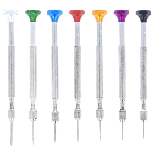 Seven flat tip screwdrivers arranged side by side for jewelry and eyeglasses precision work.