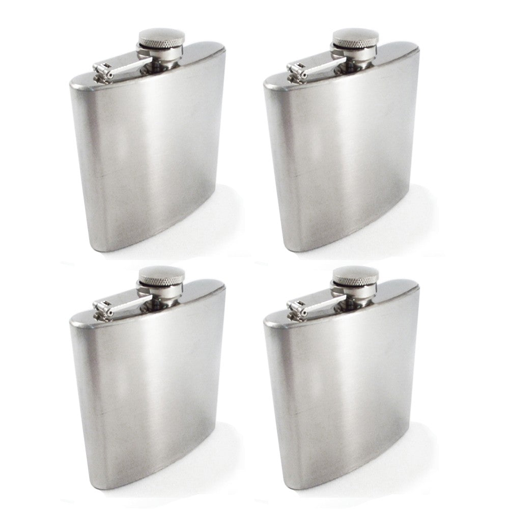 Four chrome stainless steel 8oz hip flasks arranged for display.