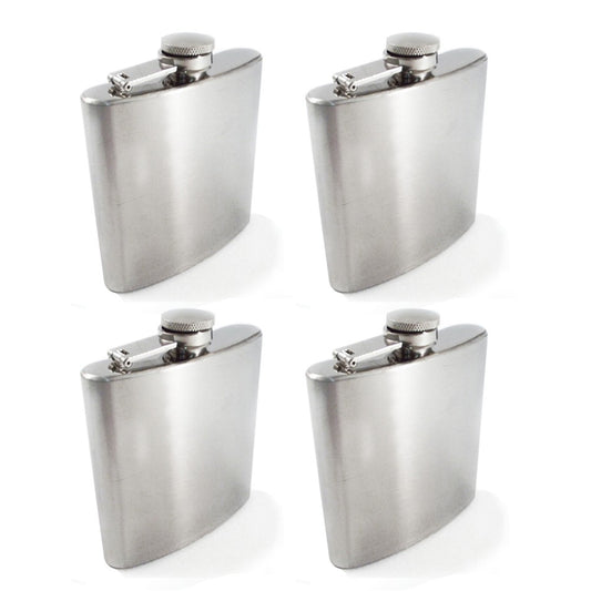 Four chrome stainless steel 8oz hip flasks arranged for display.