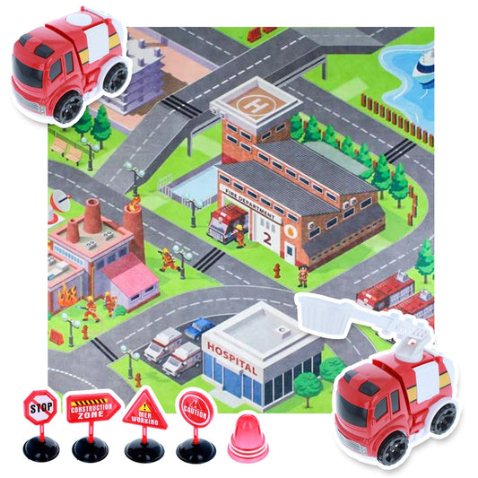 Kidplokio 8pc Urban City Fire Truck Friction Powered Toy Cars with Play Mat,, view 2