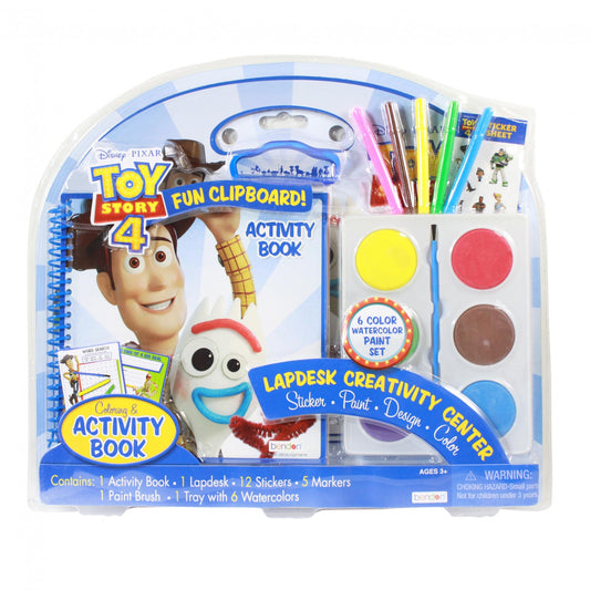 Disney Pixar Toy Story 4 themed lapdesk set with art supplies and stickers for kids' creative activities.