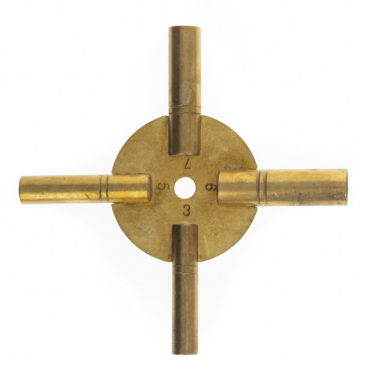 Antique style brass clock key with four prongs, designed for grandfather clocks with odd number fittings.