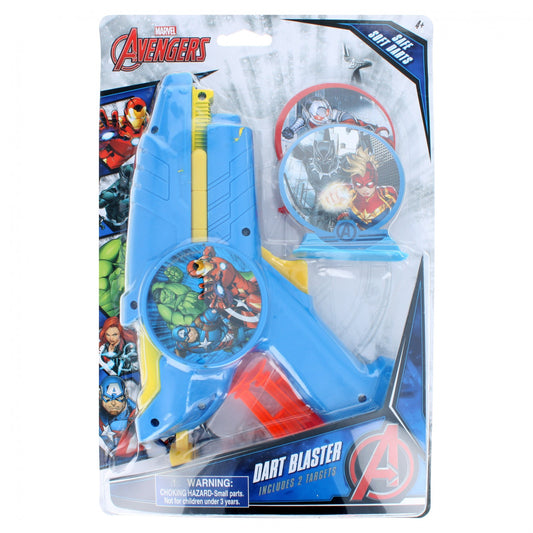 Marvel Avengers dart blaster, red and blue with Avengers graphics, equipped with suction darts and target pieces.