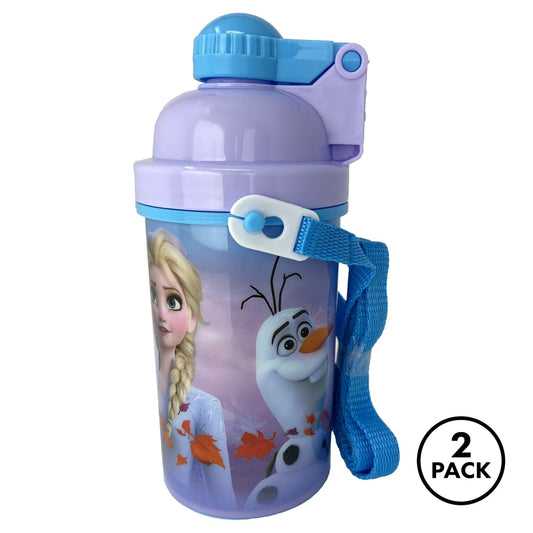 Two Frozen II canteen water bottles with Anna and Elsa graphics, pop up lids, and shoulder straps.