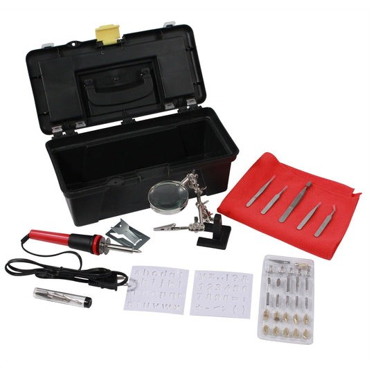 Universal Tool Wood Burning Kit with assorted tips, stencils, tweezers, and tool in packaged set