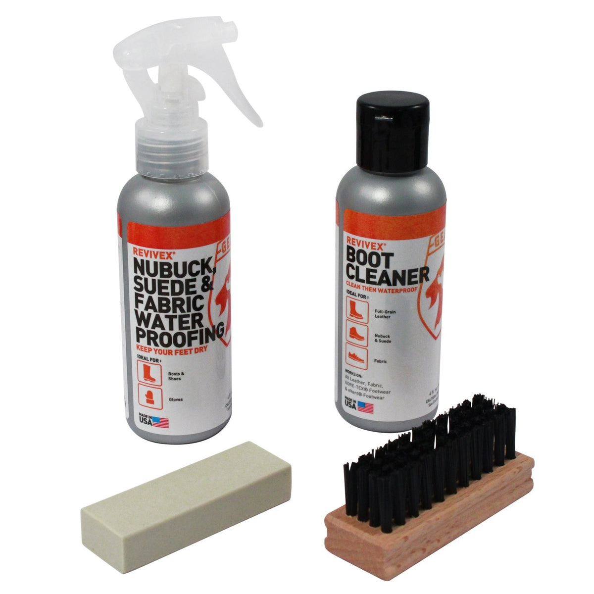 Gear Aid Revivex Nubuck and Suede Footwear Wash and Waterproofing Kit contents displayed.