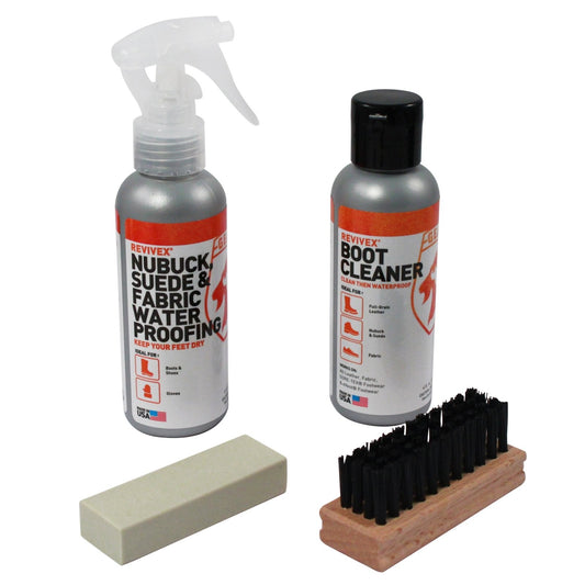 Gear Aid Revivex Nubuck and Suede Footwear Wash and Waterproofing Kit contents displayed.