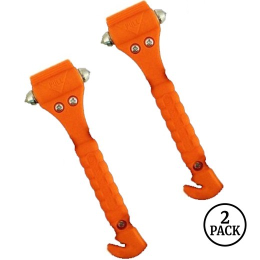 Two emergency hammers featuring window punch and seat belt cutter, orange handles, side by side.